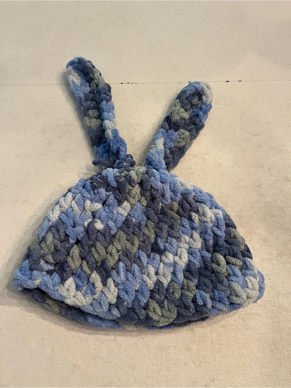 Handmade soft chunky multicolor blue Knit Bunny-Ear Kids Hat. So cute!